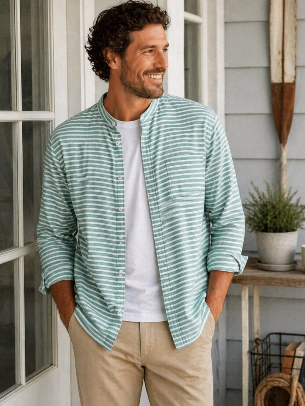 Boden Stripe Band Collar Button Down Shirt Men XL Green White